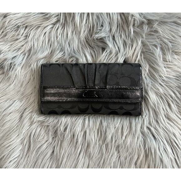 VTG COACH Black Signature 12CM Jacquard Patent Leather Trifold Clutch Wallet Set - Picture 3 of 9